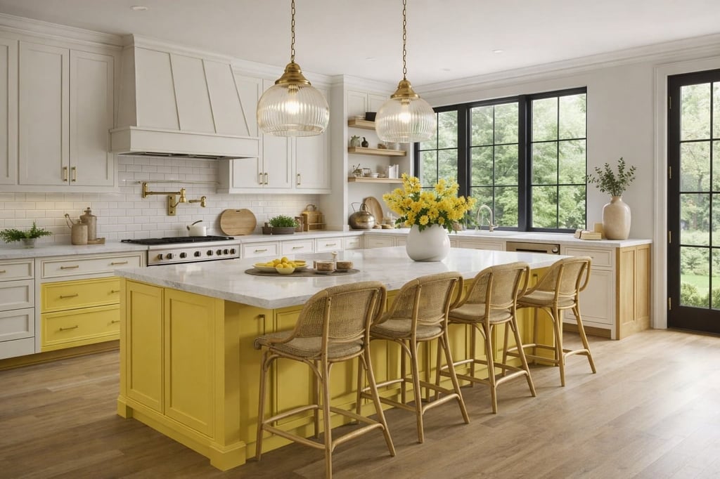 Bright San Diego kitchen with cheerful yellow island, rattan barstools, and white cabinets with gold hardware