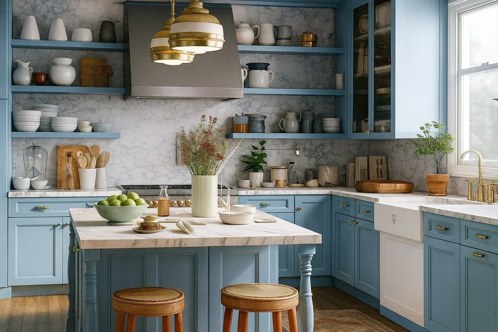 Bright San Diego kitchen with light blue cabinets, marble backsplash, open shelving, a large island with stools, and brass pendant lighting