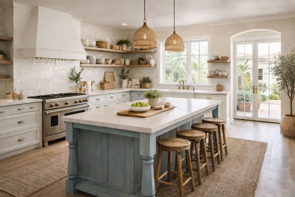 Bright San Diego kitchen with light blue island, wood accents, and open shelving for a breezy, coastal vibe.