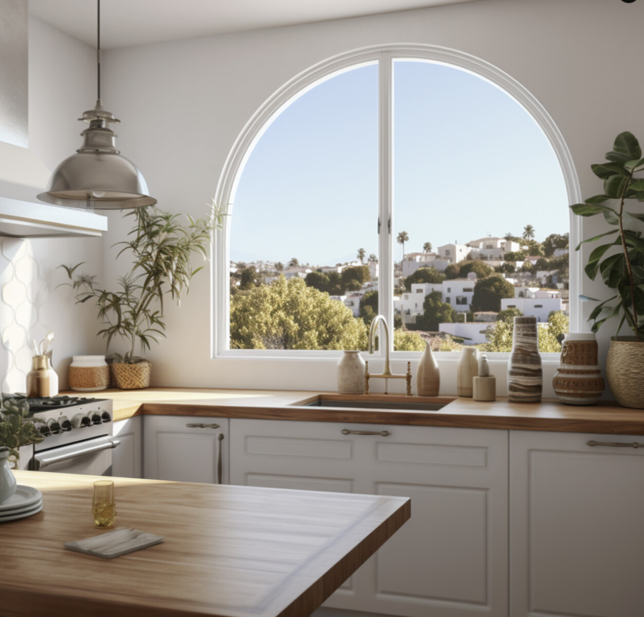 Bright San Diego kitchen with wood counters and arched window city view