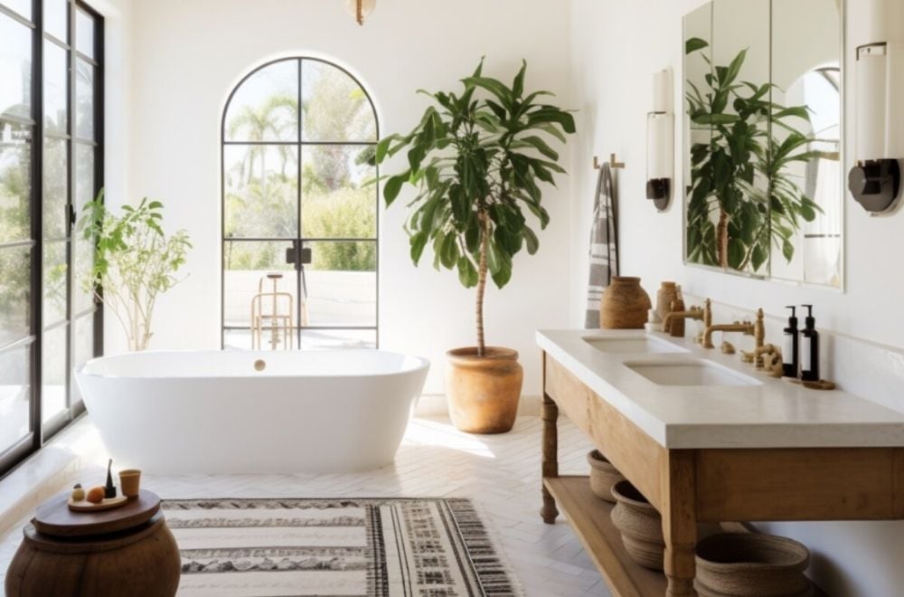 Bright San Diego, CA bathroom with a freestanding tub, wooden vanity with double sinks, large windows, potted plants, and natural light highlighting a modern rustic design-2