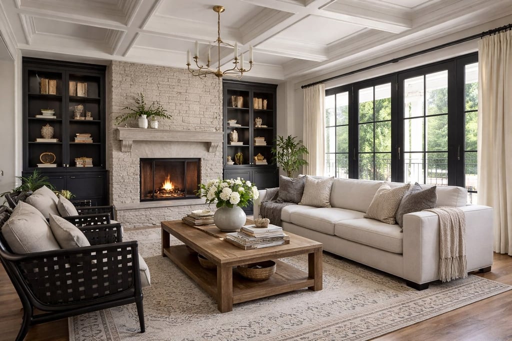 Cozy San Diego living room featuring a fireplace, white sofa, wood coffee table, and built-in black bookcases