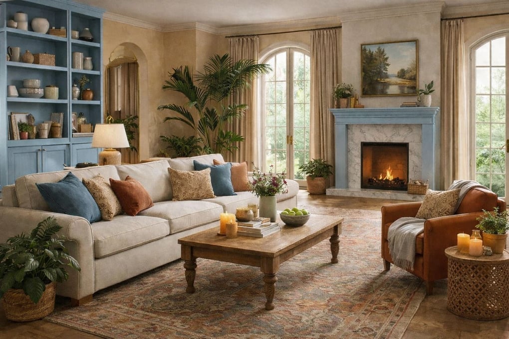 Cozy San Diego living room with a blue fireplace, neutral tones, and layered textures for a warm, inviting feel.