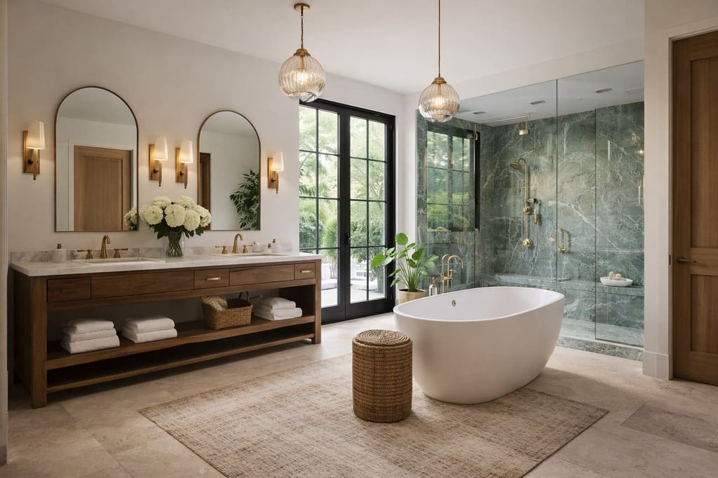 Elegant San Diego bathroom with freestanding tub, green marble shower, and wood vanity with gold accents