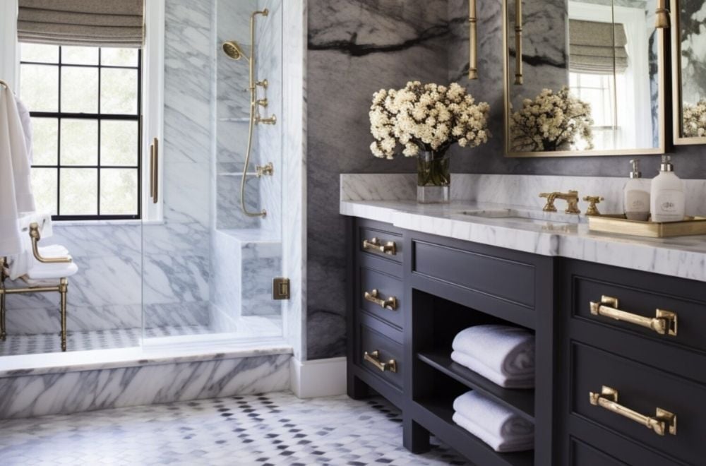 Elegant San Diego bathroom with marble shower and dark vanity with gold accents