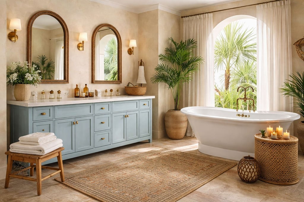 Elegant San Diego bathroom with soft natural light, freestanding tub, and soothing coastal-inspired blue vanity.