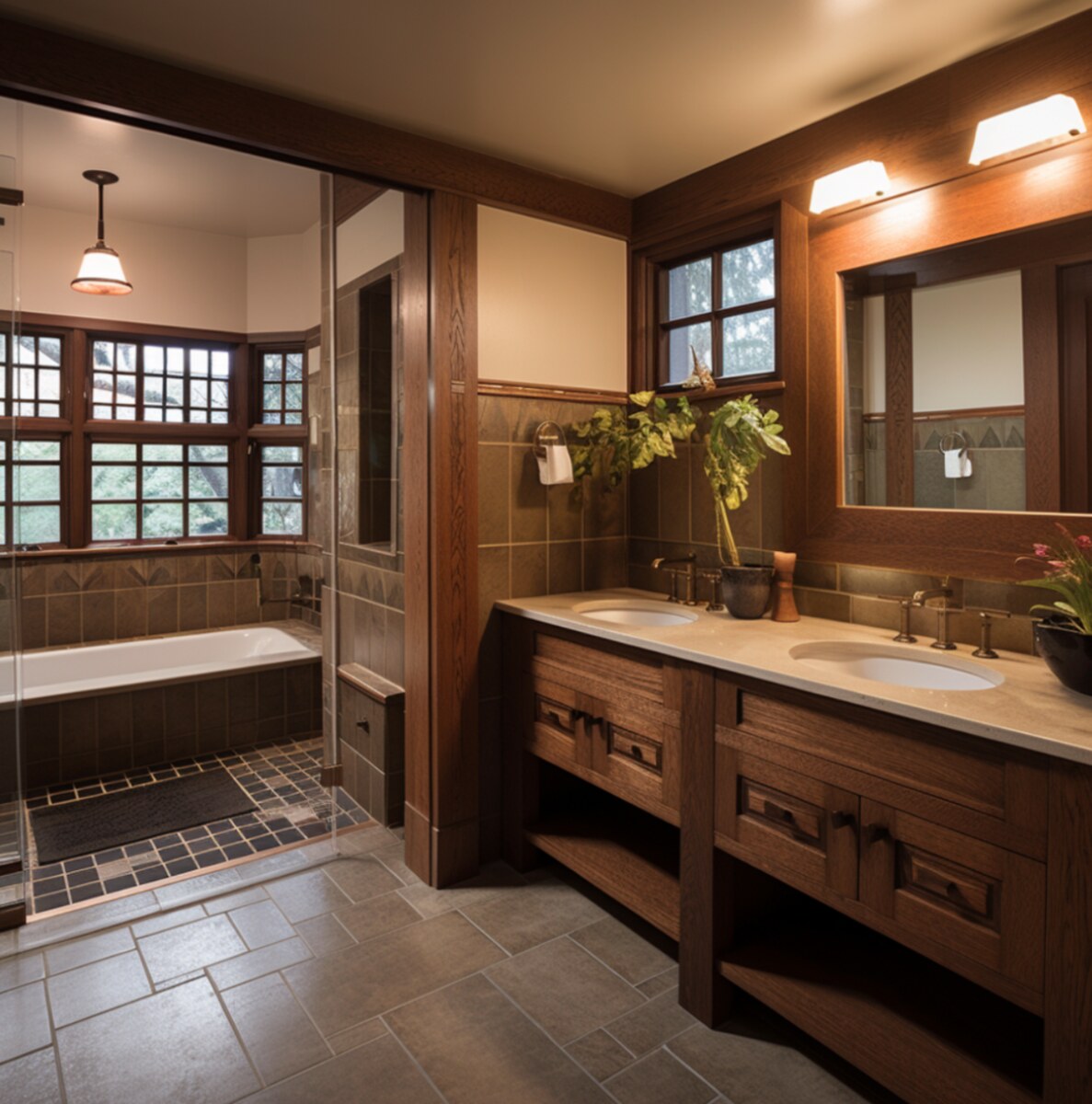Craftsman-style bathroom in San Diego, CA with wood vanity, double sinks, glass shower, and soaking tub Craftsman-style bathroom in San Diego, CA with wood vanity, double sinks, glass shower, and soaking tub