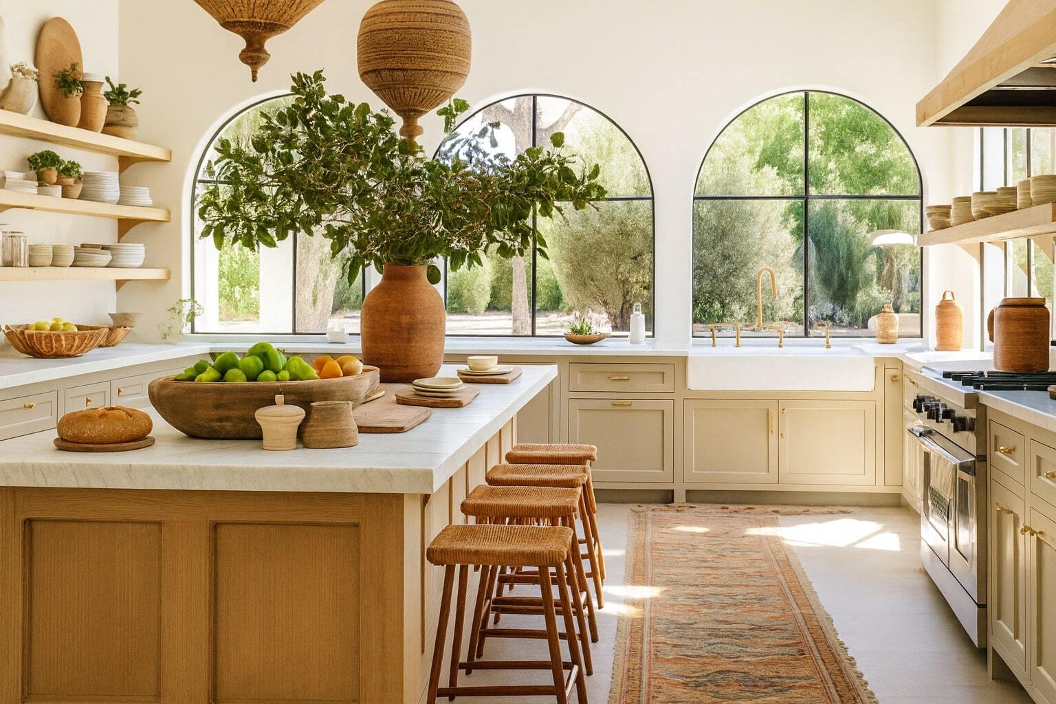San Diego kitchen by Honeycomb Design and Remodel featuring arched windows, warm wood cabinetry, woven stools, and natural Mediterranean-inspired decor