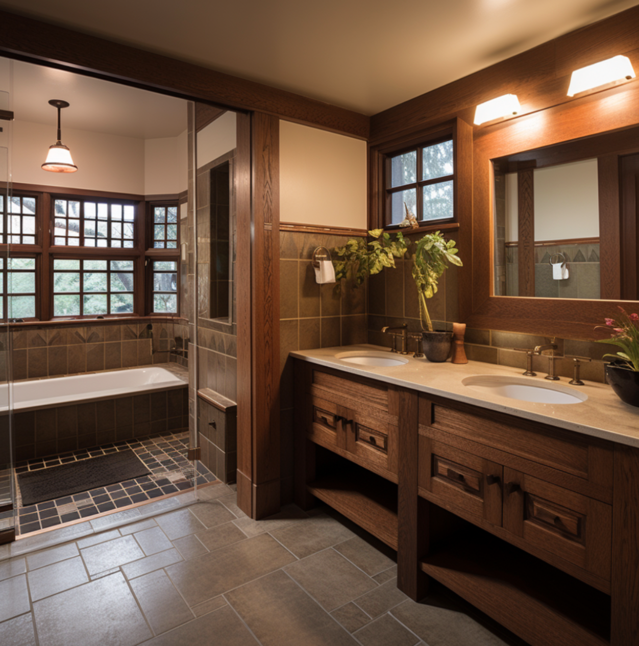 spacious bathroom remodel with dark wood and walk in tub and shower by Honeycomb Design and Build