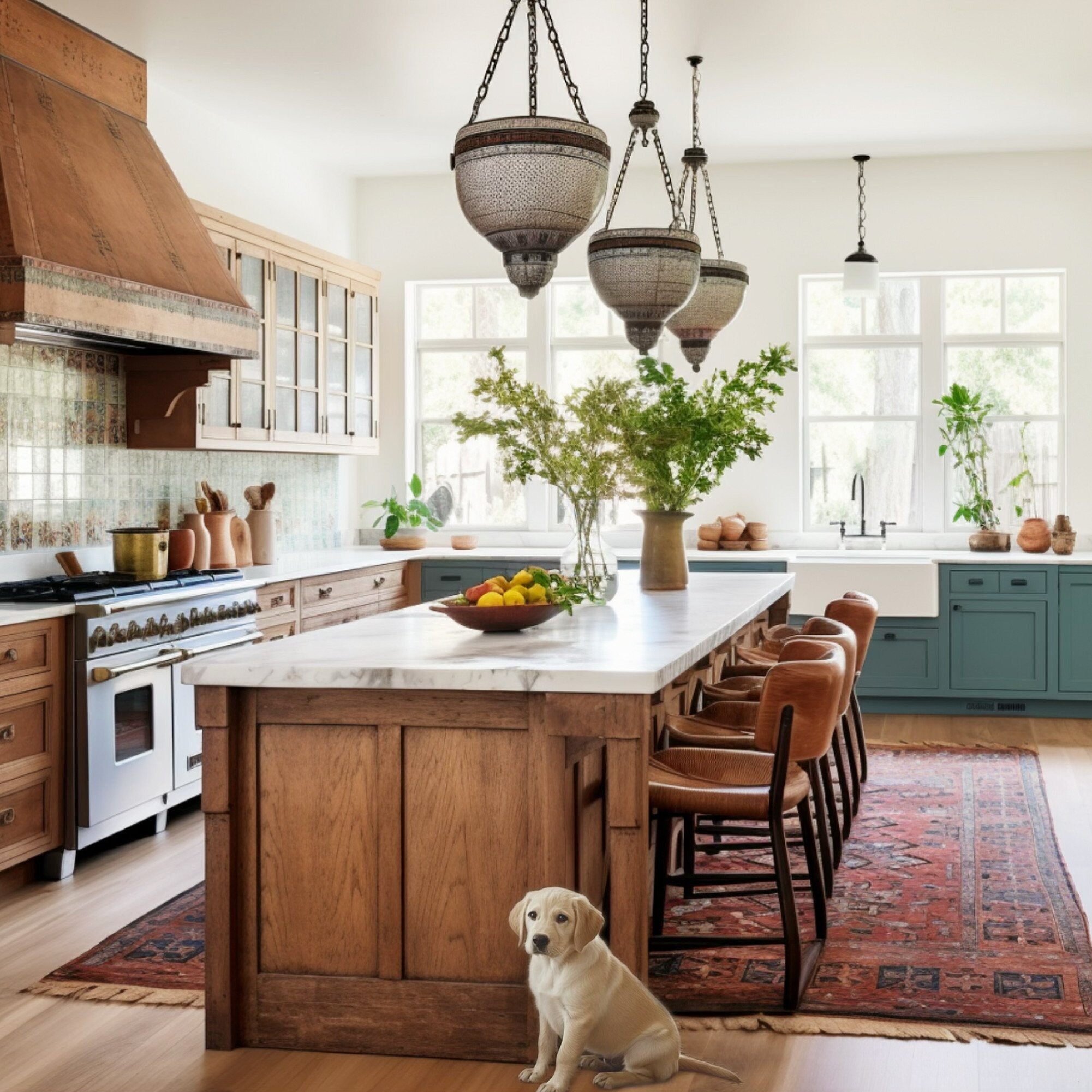 Dark wood, mediterranean kitchen remodel by Honeycomb Design and Build in Mission Hills, San Diego with a cute Labrador puppy