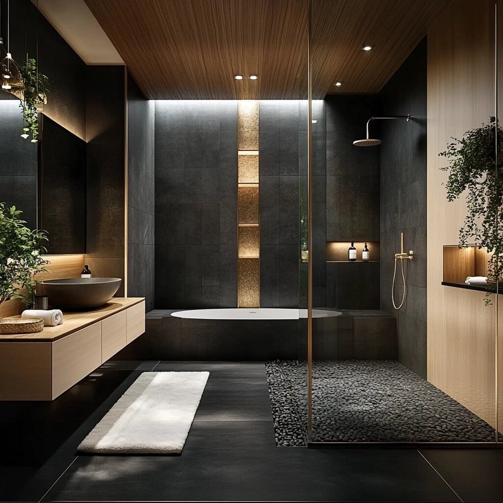 Modern black and wood bathroom in San Diego with luxe lighting and spa shower