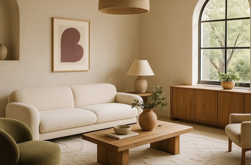 Neutral-toned San Diego living room by Honeycomb Design and Remodel featuring arched window, cozy sofa, wood furniture, and minimalist decor