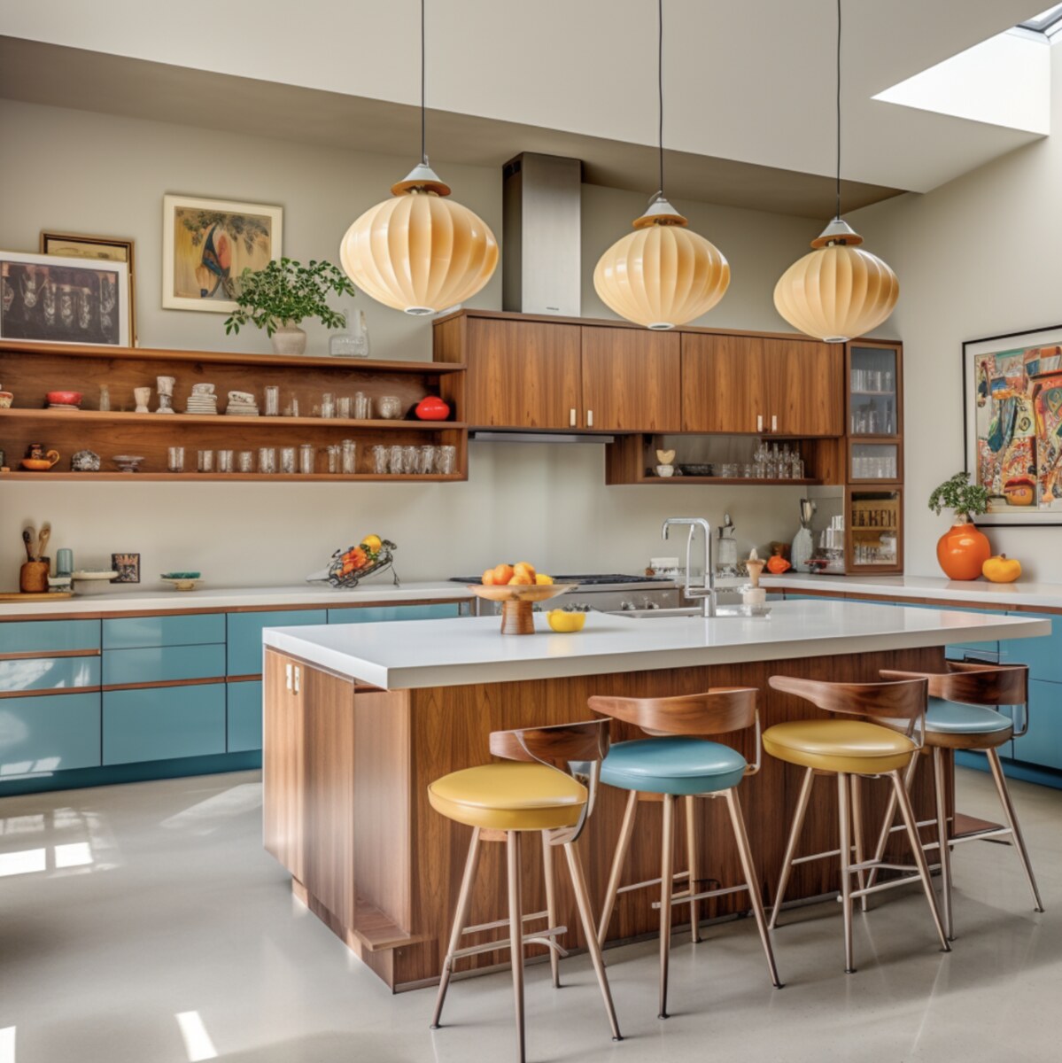 Colorful mid-century modern kitchen with wood tones in San Diego, CA