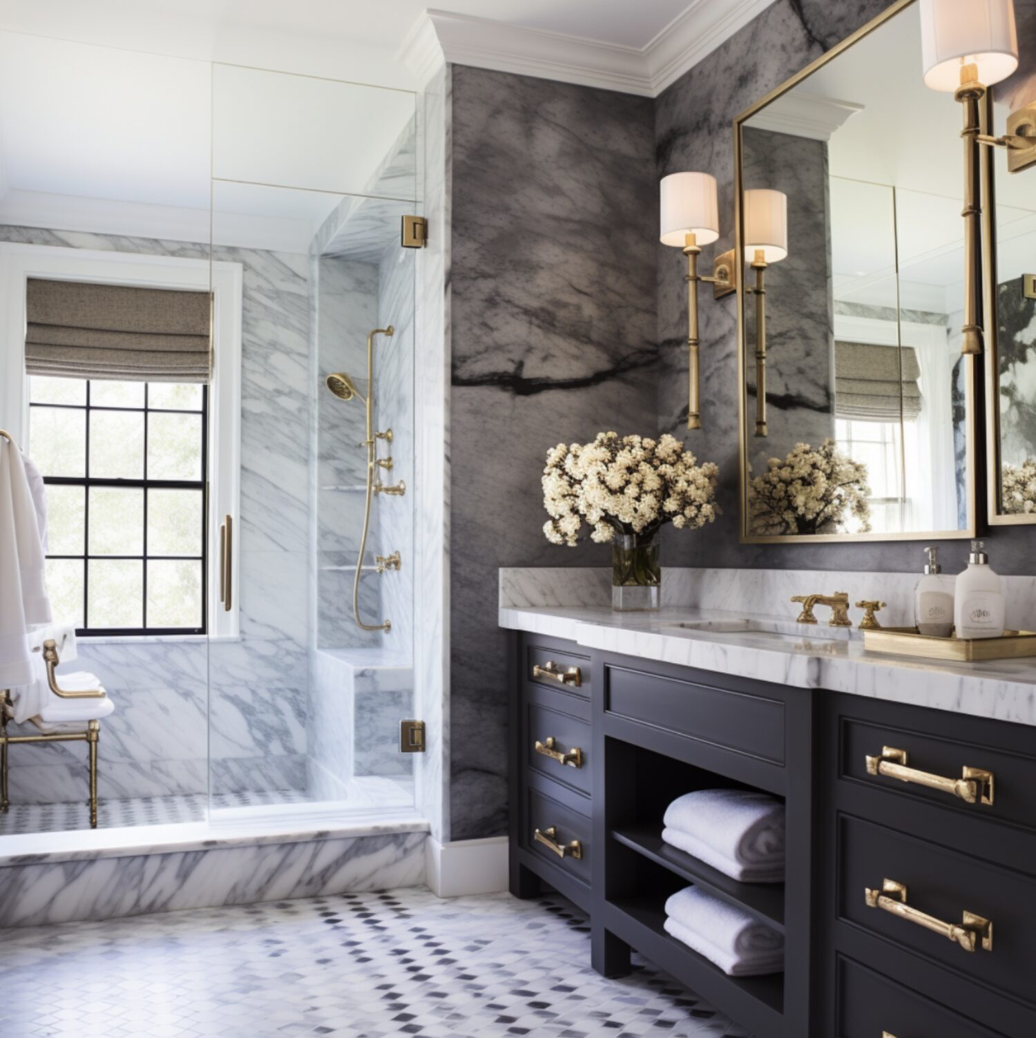 Elegant San Diego bathroom with marble shower and dark vanity with gold accents