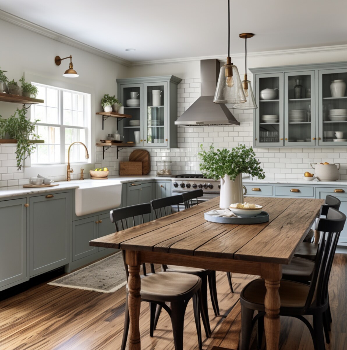Farmhouse kitchen remodel in San Diego with wood accents and blue cabinets