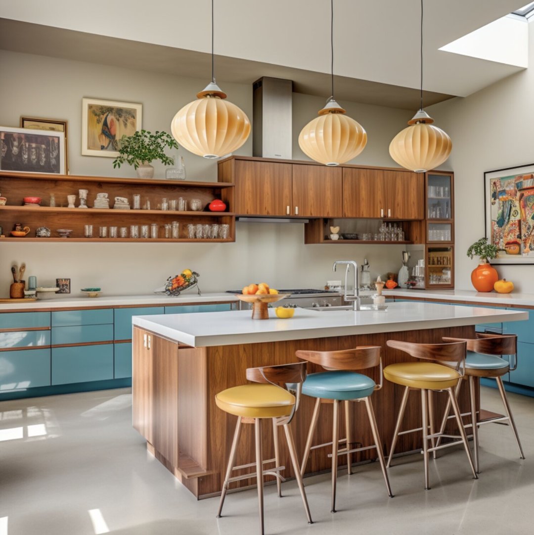 Mid-century modern kitchen in the San Diego area with blue cabinetry, walnut wood accents, and colorful barstools under retro pendant lights