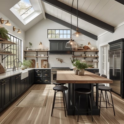 Bright San Diego kitchen with vaulted ceiling, exposed beams, black cabinets, and natural wood island, featuring modern pendant lights and large skylight
