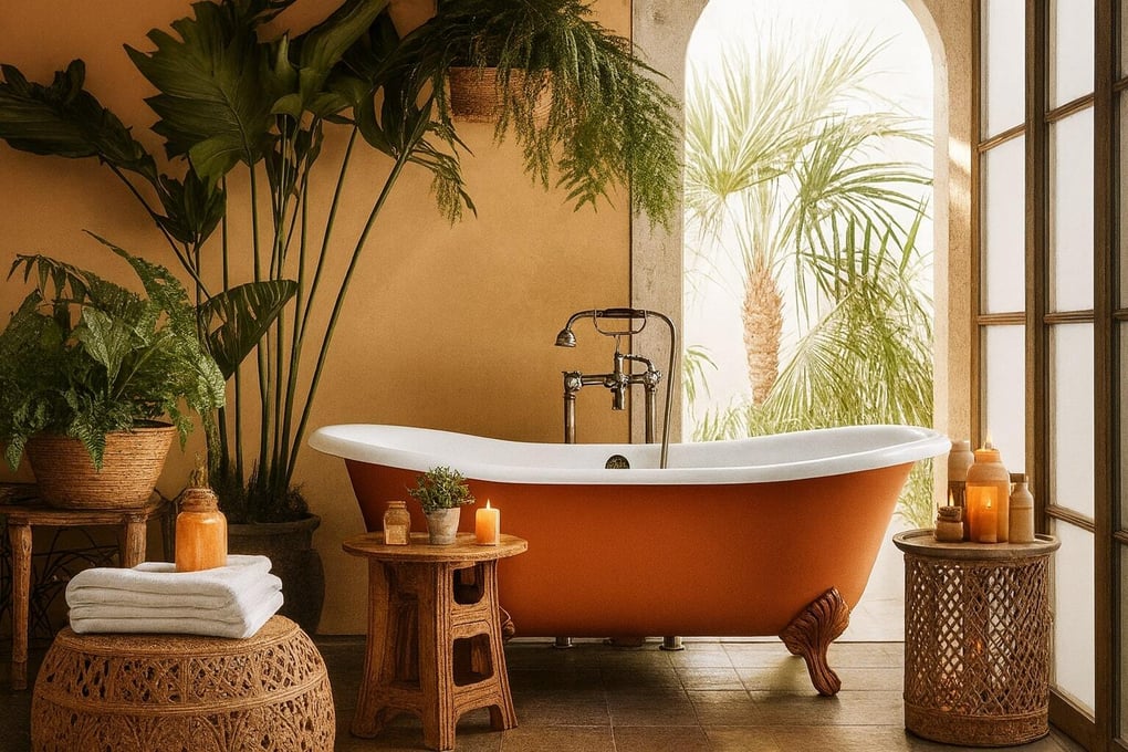 San Diego bathroom by Honeycomb Design and Remodel featuring a terracotta clawfoot tub, lush plants, warm decor, and natural woven accents