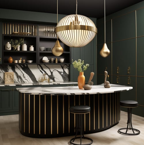 Luxurious San Diego area kitchen featuring dark green cabinets, marble countertops, and striking gold accents as part of a modern interior design